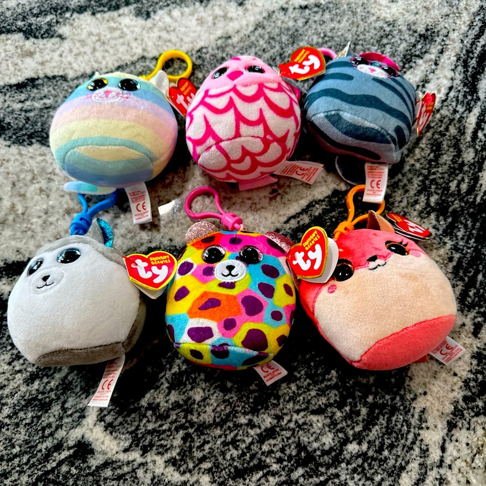 Lot TY Squishy Beanies BackPack Clip KIKI,PINKY, GISELLE, ROXIE, SLUSH, HEATHER